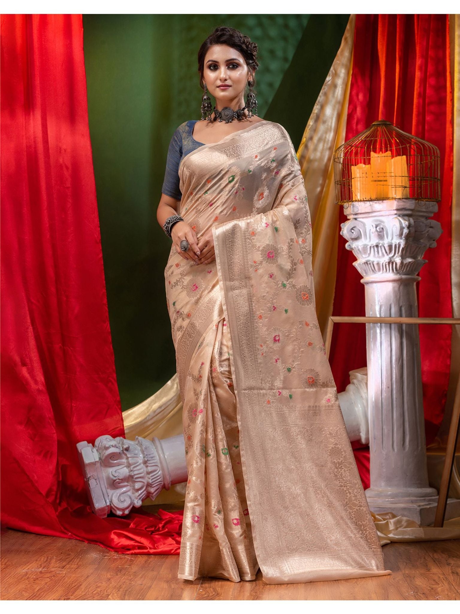 Georgette Banarasi Saree All Over Jaal With Meenakari Beige - THE WEAVER