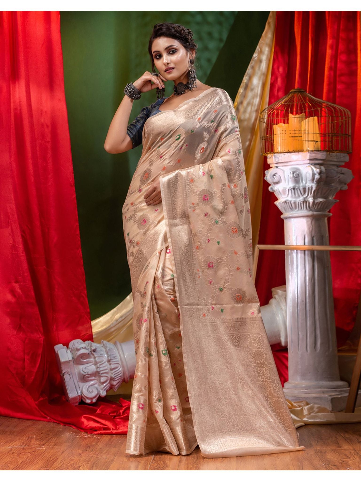 Georgette Banarasi Saree All Over Jaal With Meenakari Beige - THE WEAVER