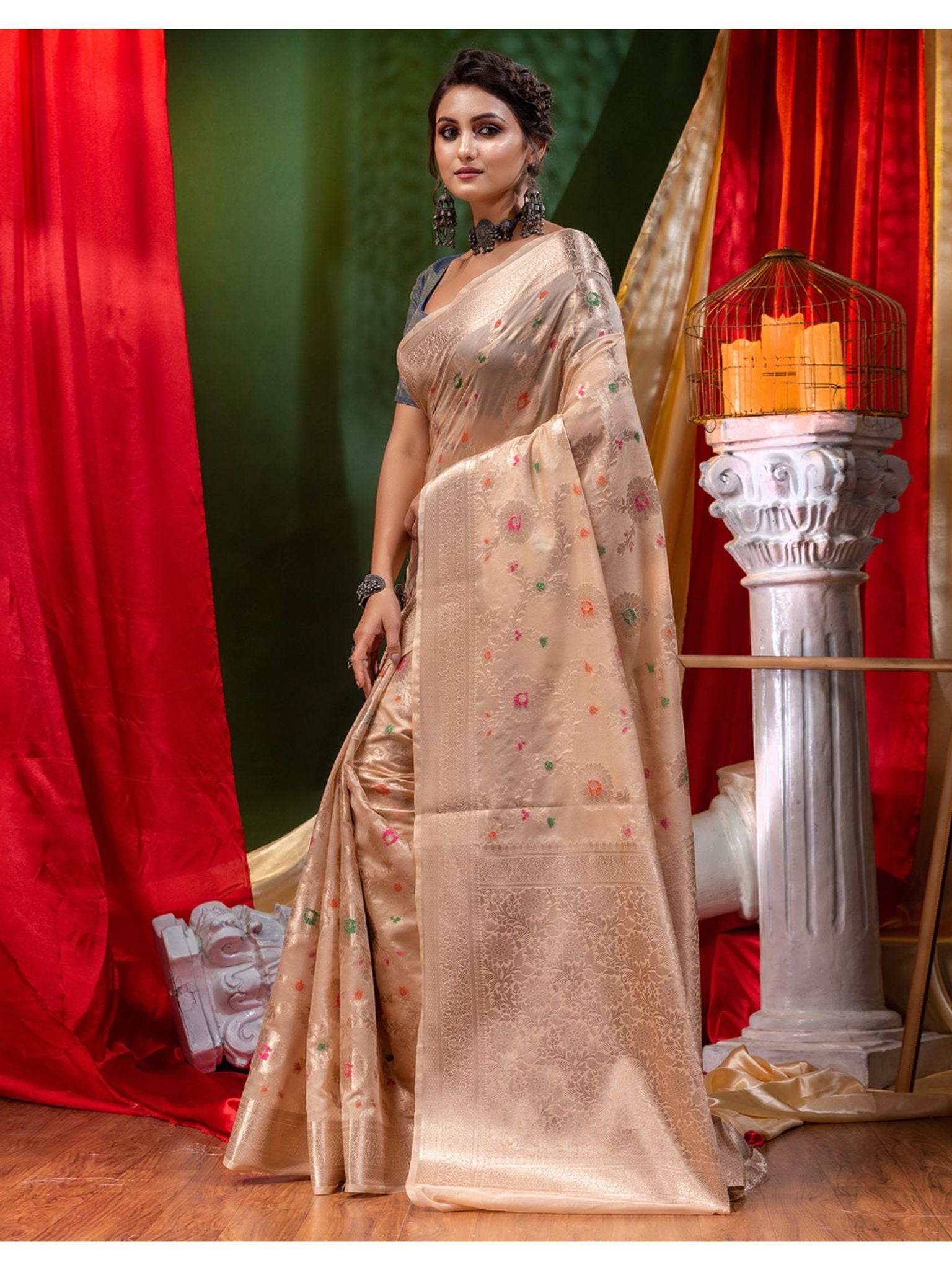 Georgette Banarasi Saree All Over Jaal With Meenakari Beige - THE WEAVER