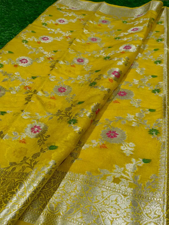 Georgette Banarasi Saree All Over Jaal With Meenakari Yellow - The Weaver Banaras