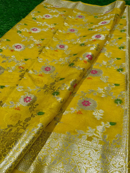 Georgette Banarasi Saree All Over Jaal With Meenakari Yellow - The Weaver Banaras