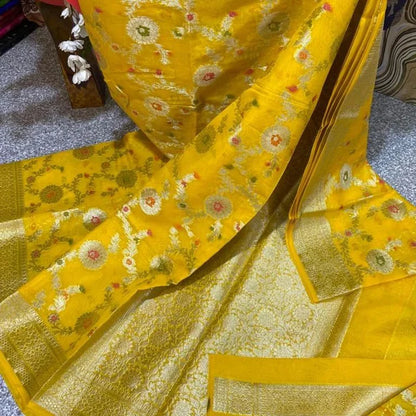 Georgette Banarasi Saree All Over Jaal With Meenakari Yellow - The Weaver Banaras