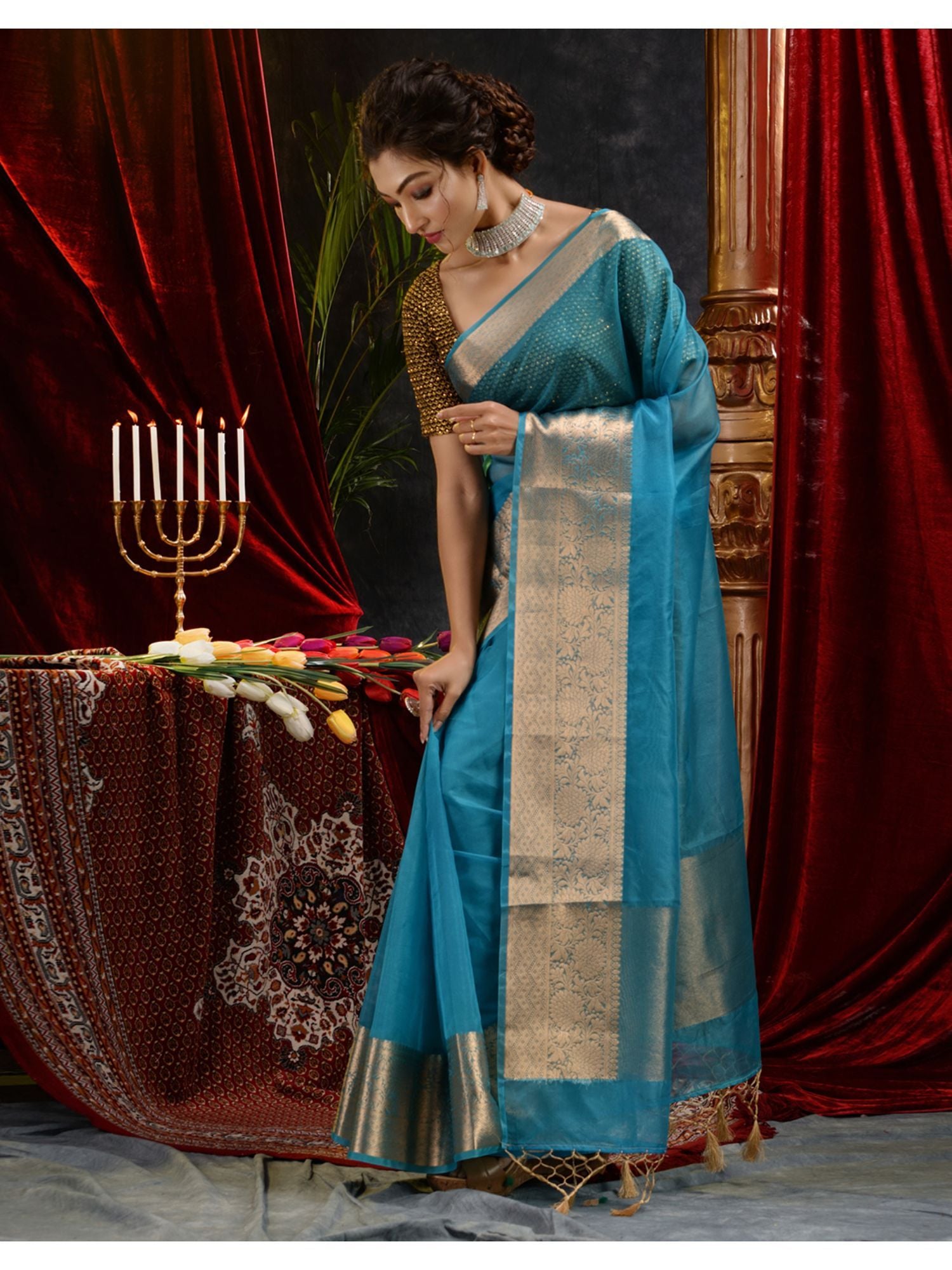 The Weaver's organza banarasi saree-firozi - THE WEAVER