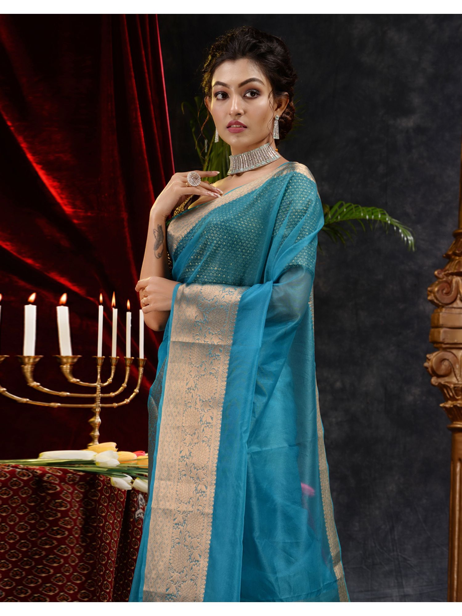 The Weaver's organza banarasi saree-firozi - THE WEAVER