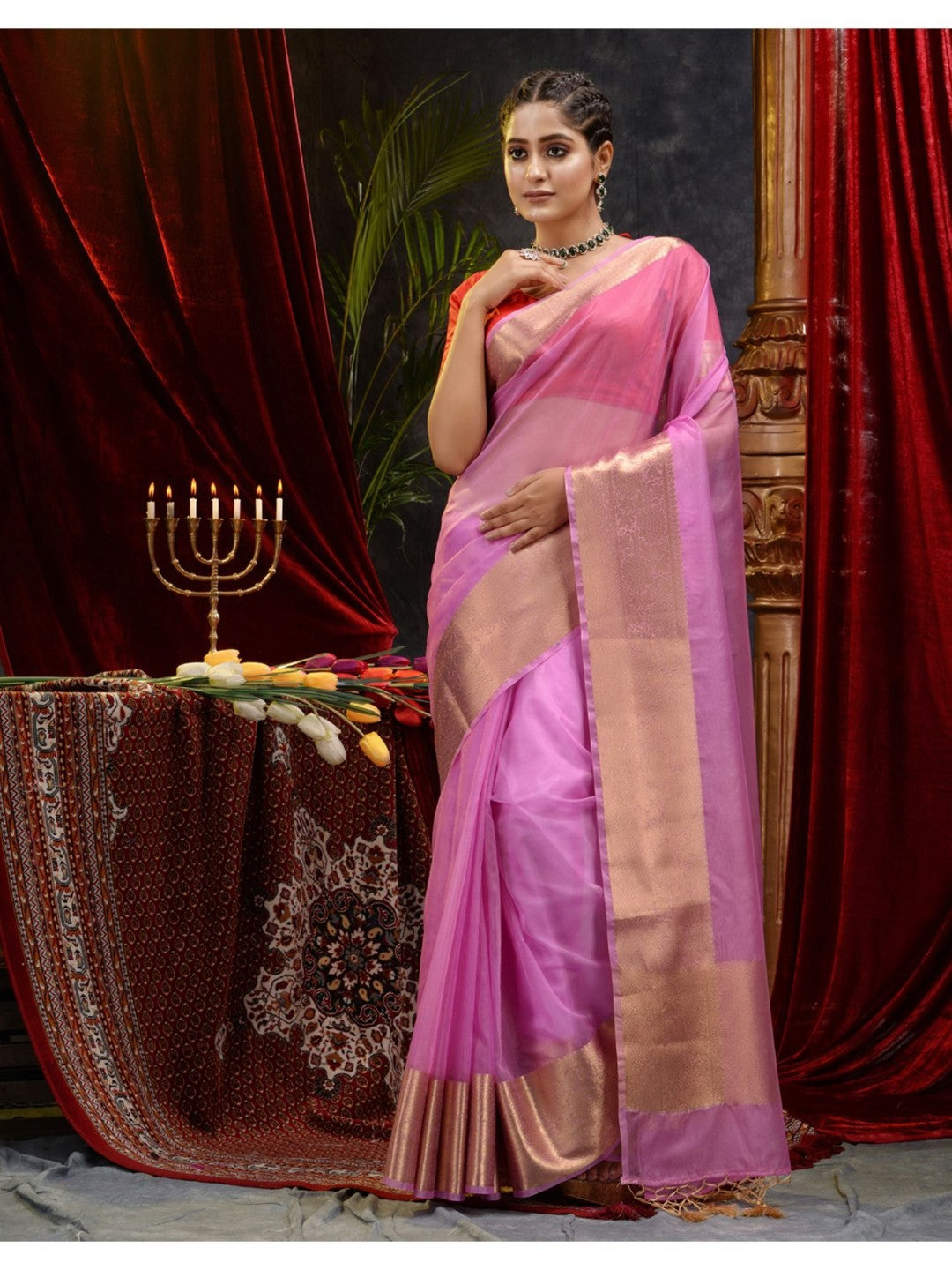 The Weaver's organza banarasi saree-neon pink - THE WEAVER