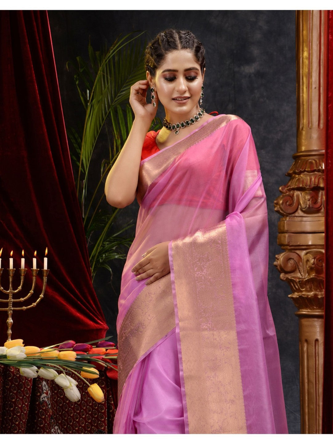 The Weaver's organza banarasi saree-neon pink - THE WEAVER