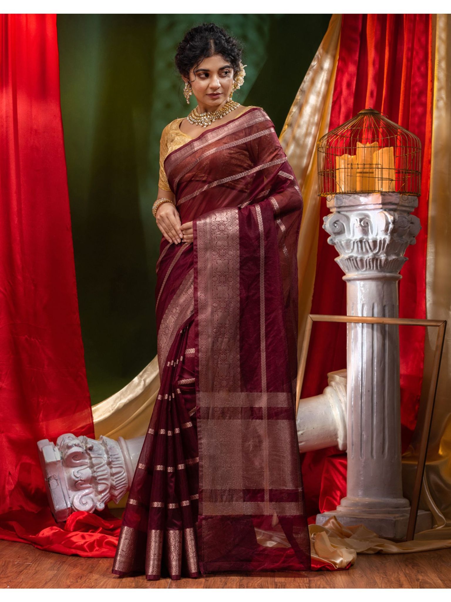 The Weaver's Organza Stripe Banarasi Saree Maroon - THE WEAVER