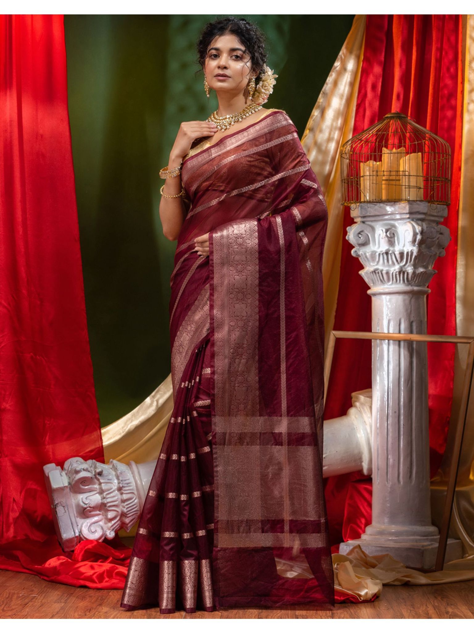 The Weaver's Organza Stripe Banarasi Saree Maroon - THE WEAVER