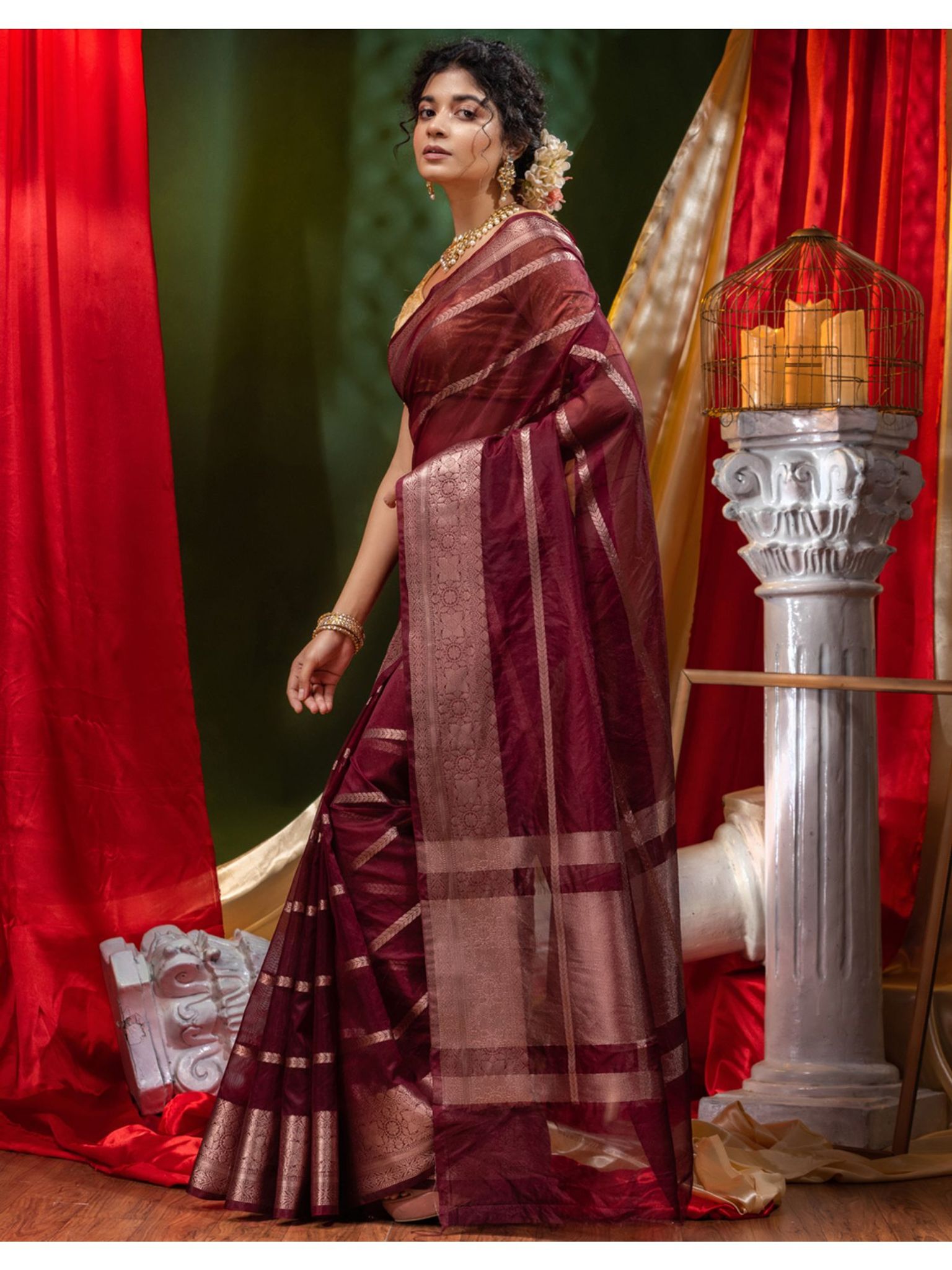 The Weaver's Organza Stripe Banarasi Saree Maroon - THE WEAVER