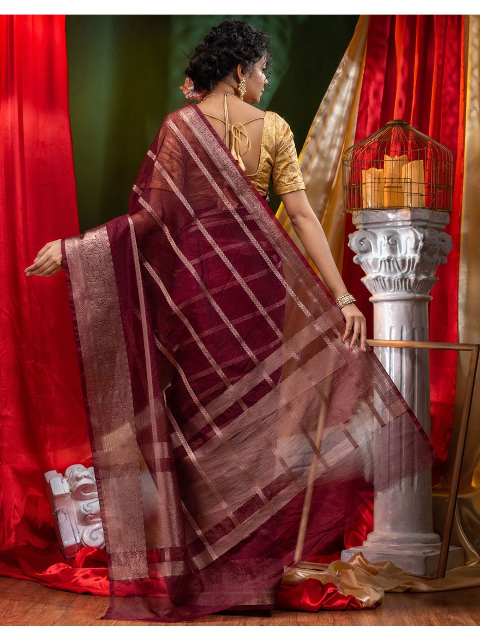 The Weaver's Organza Stripe Banarasi Saree Maroon - THE WEAVER