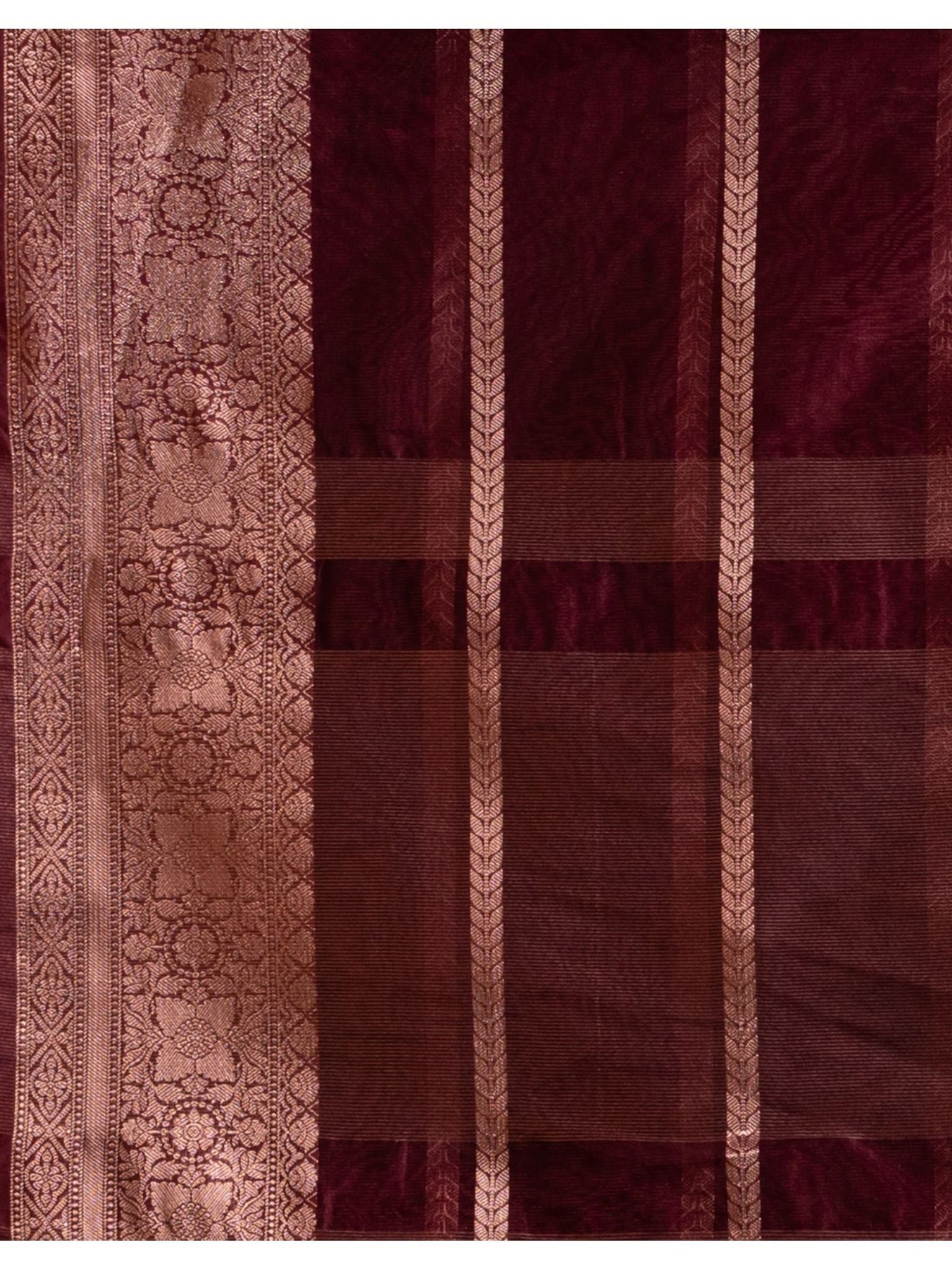 The Weaver's Organza Stripe Banarasi Saree Maroon - THE WEAVER