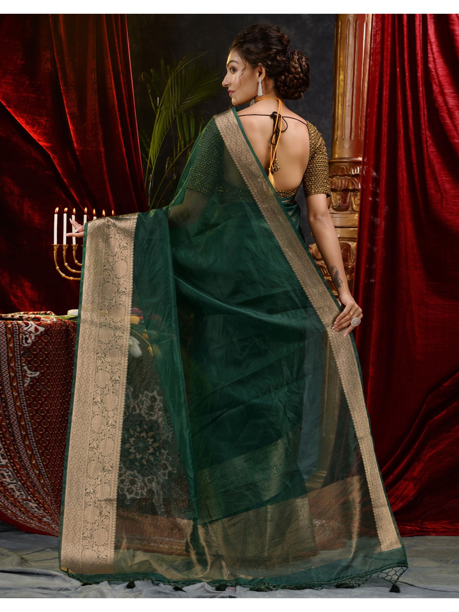 The Weaver's organza banarasi saree-deep green - THE WEAVER