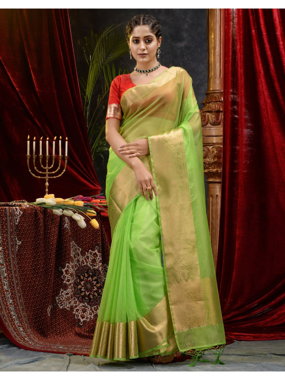 The Weaver's organza banarasi saree-neon green - THE WEAVER