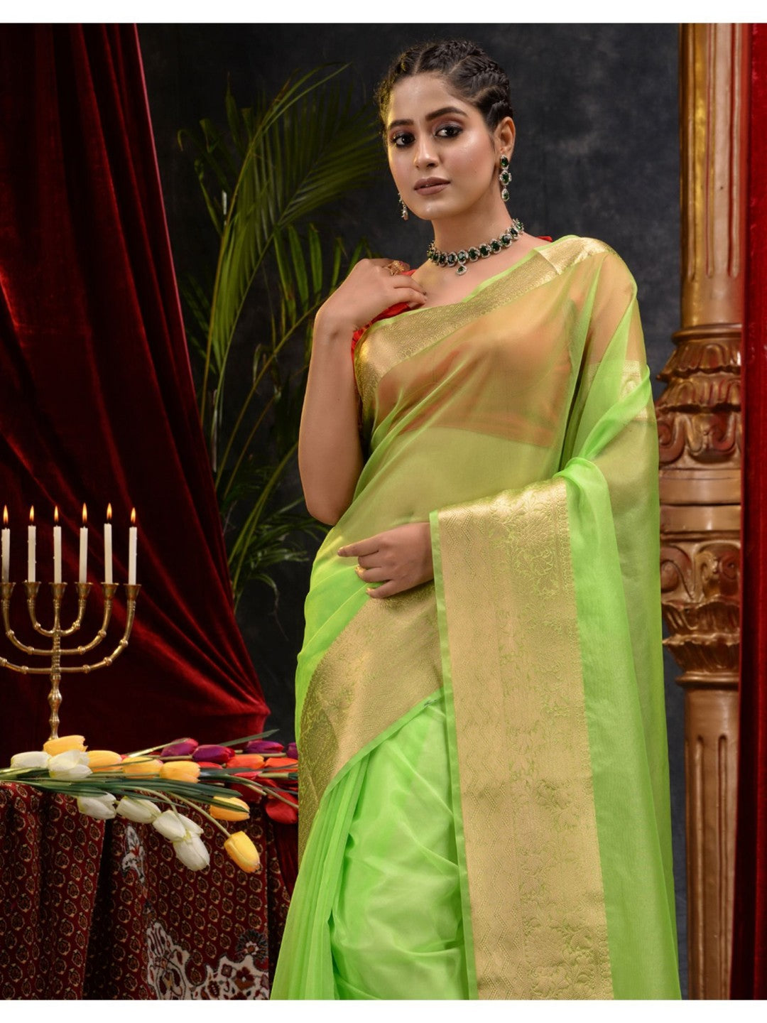 The Weaver's organza banarasi saree-neon green - THE WEAVER