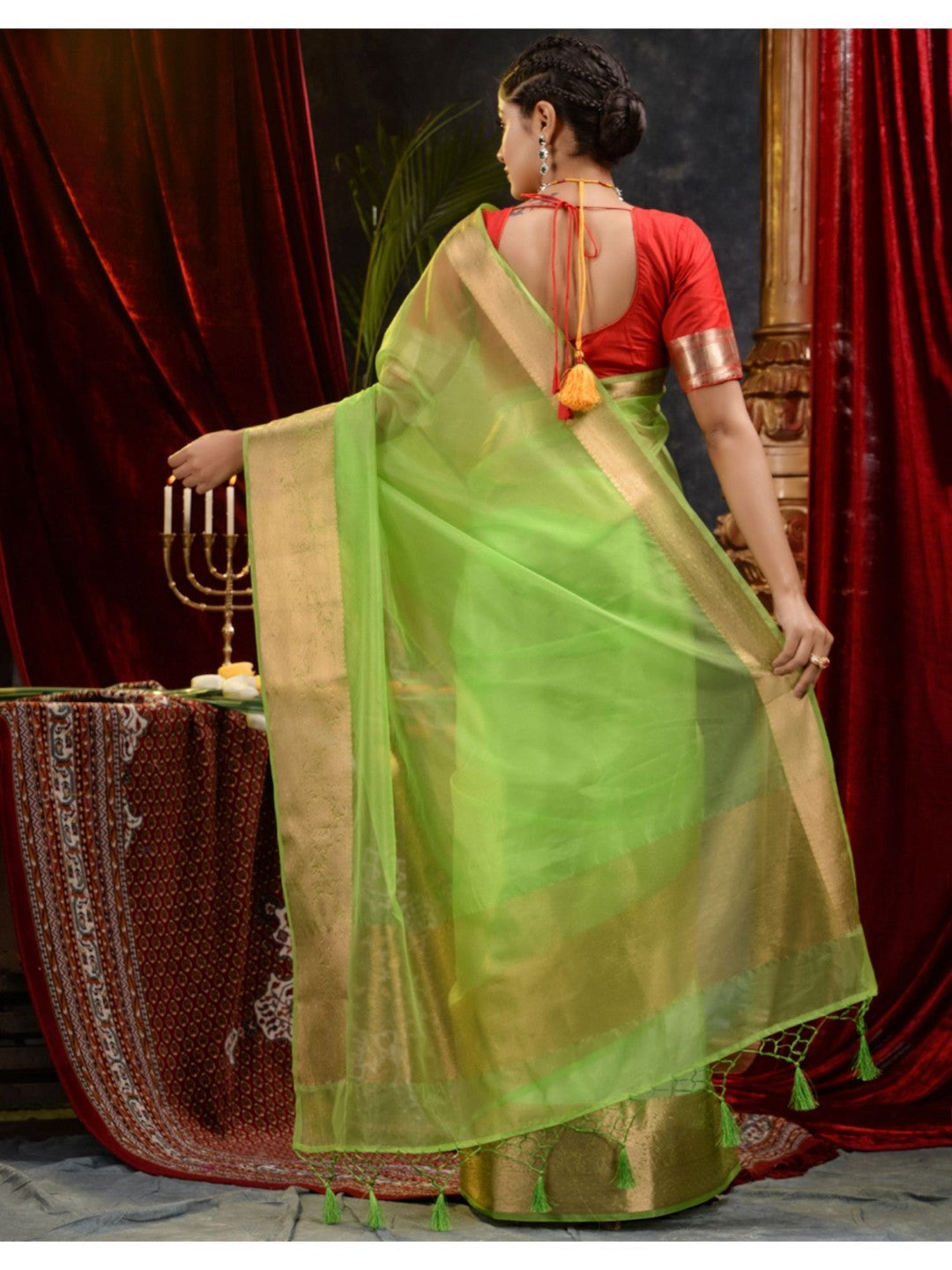 The Weaver's organza banarasi saree-neon green - THE WEAVER