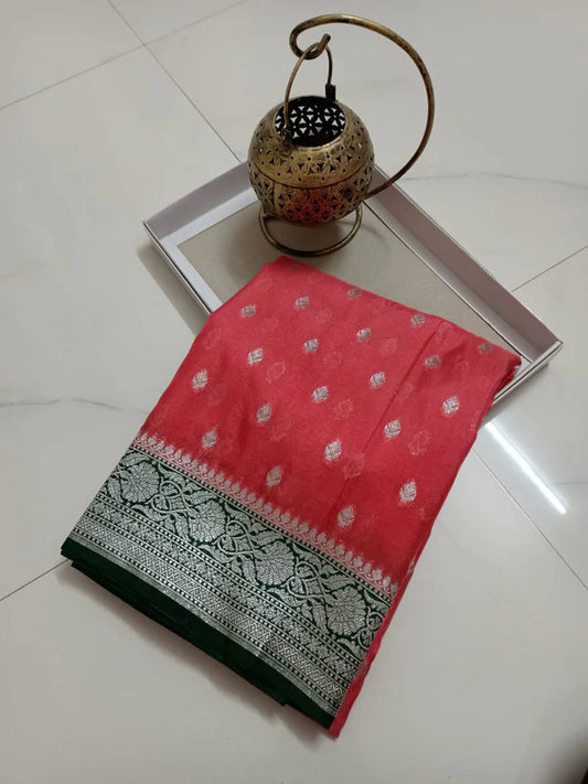 Katan Georgette Silk Handloom Banarasi Saree - The Weaver Banaras