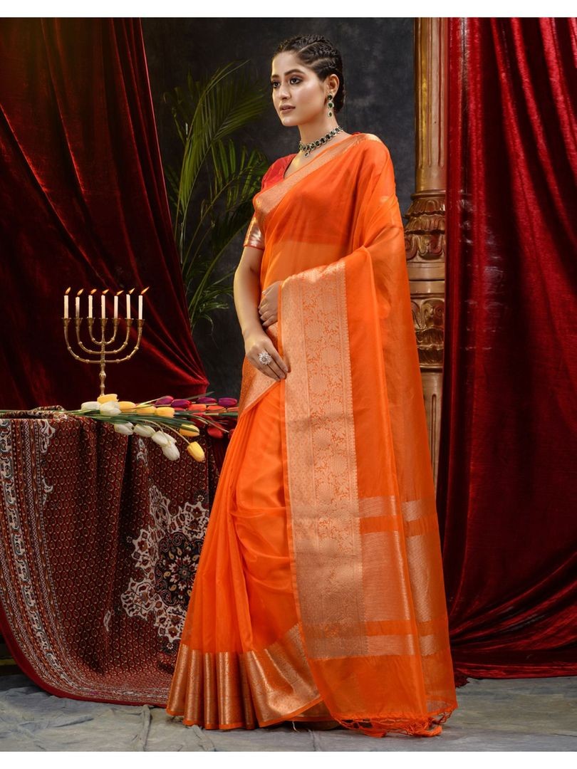 The Weaver's organza banarasi saree-Tangerine - THE WEAVER