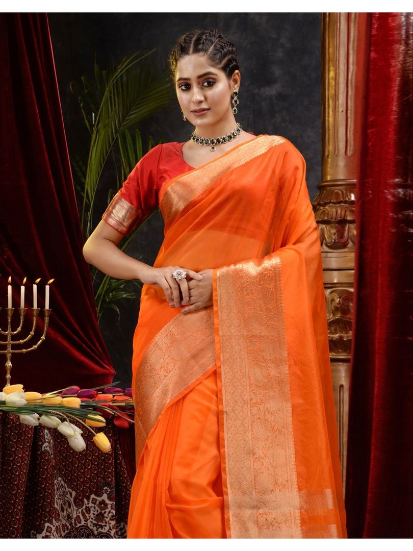 The Weaver's organza banarasi saree-Tangerine - THE WEAVER