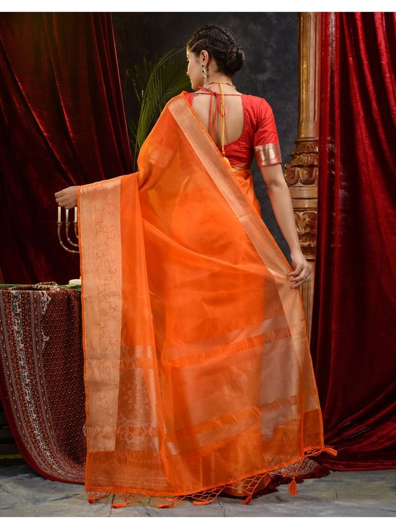 The Weaver's organza banarasi saree-Tangerine - THE WEAVER