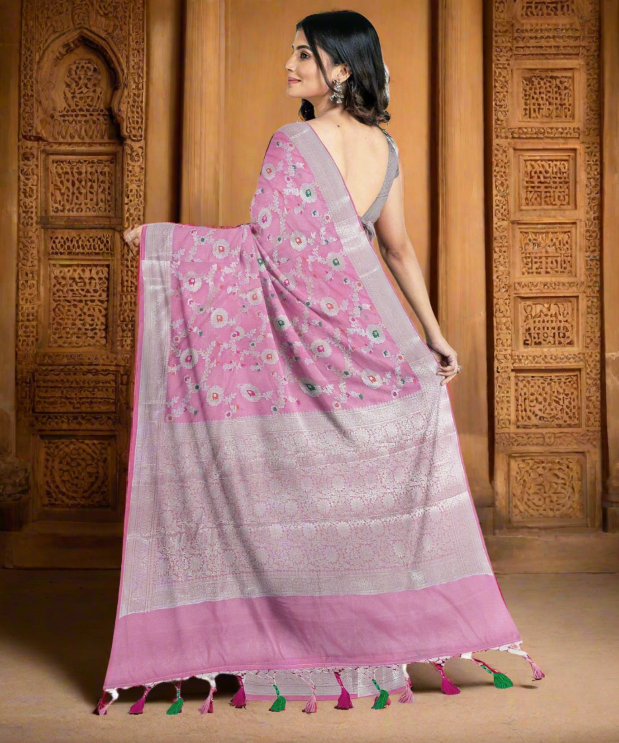 Georgette Banarasi Saree All Over Jaal With Meenakari - THE WEAVER