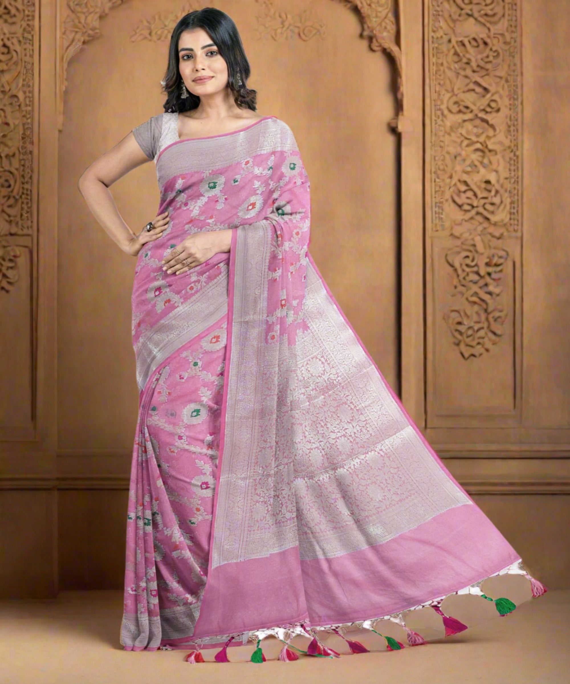 Georgette Banarasi Saree All Over Jaal With Meenakari - THE WEAVER