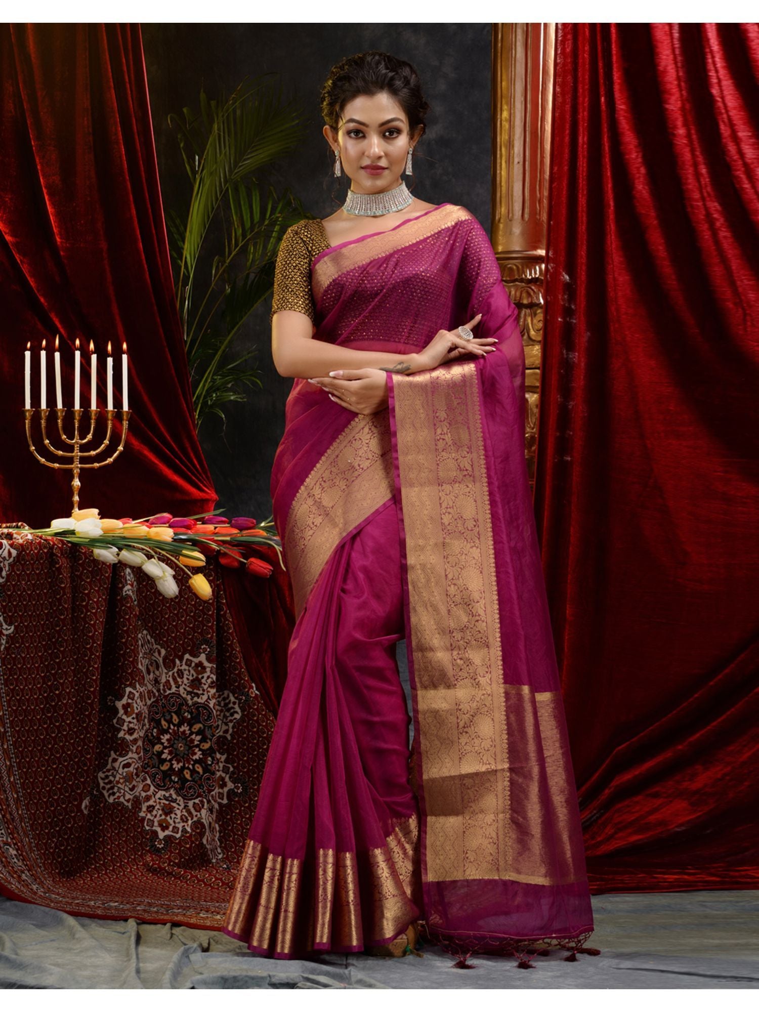 The Weaver's organza banarasi saree-dark fuchsia - THE WEAVER