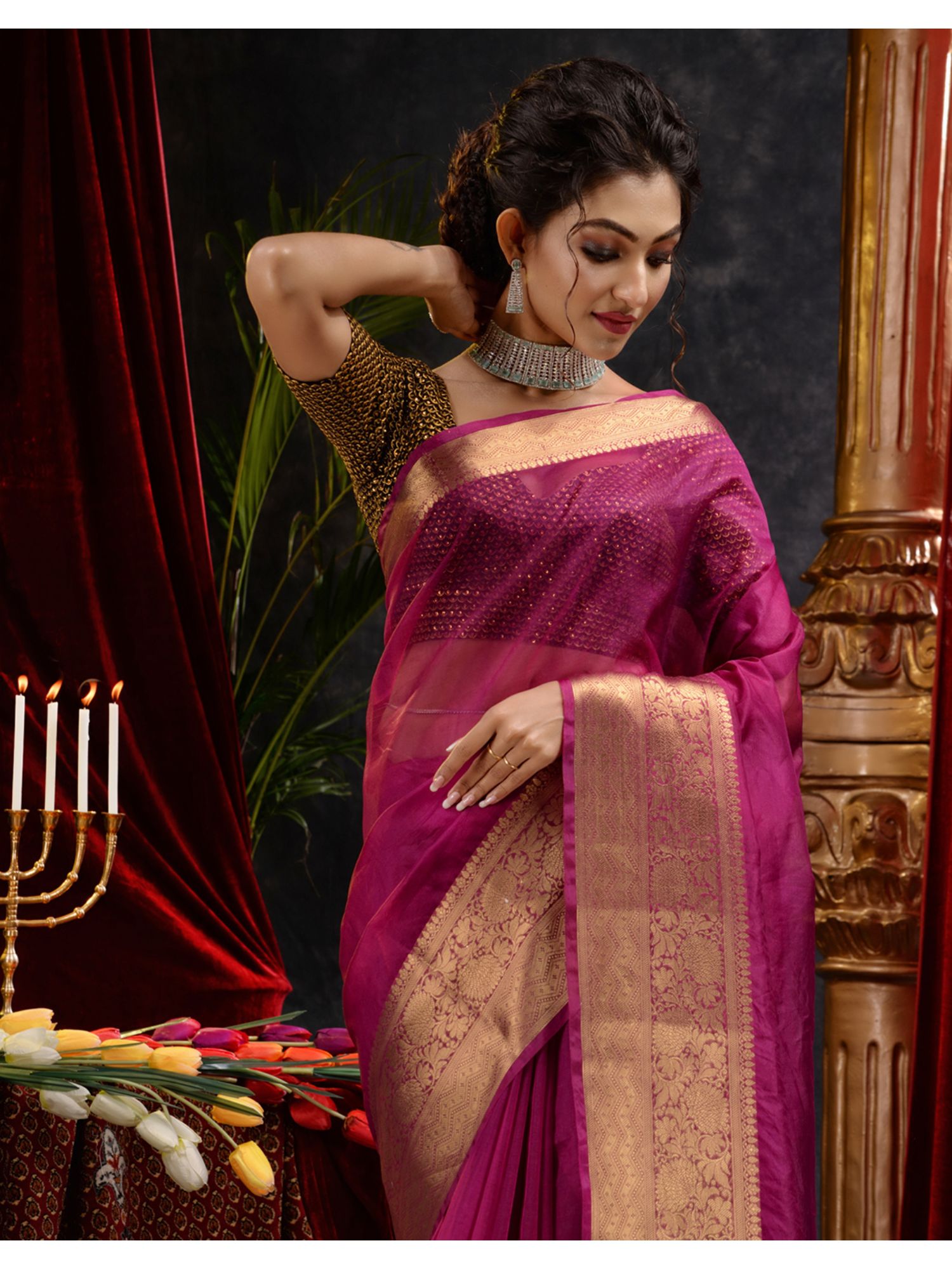 The Weaver's organza banarasi saree-dark fuchsia - THE WEAVER