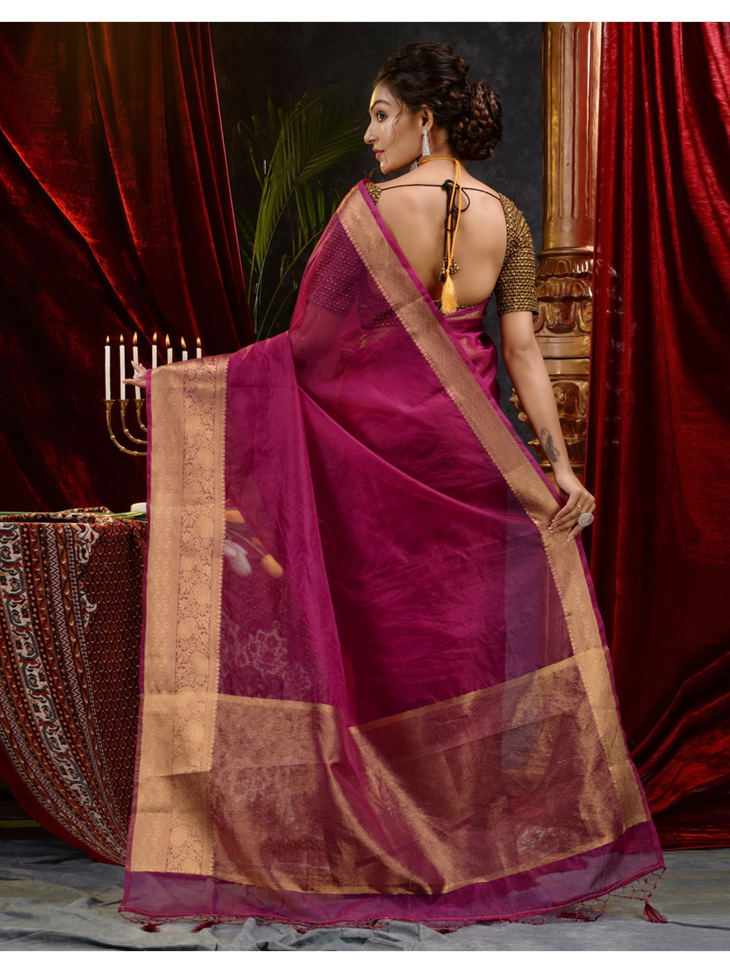 The Weaver's organza banarasi saree-dark fuchsia - THE WEAVER