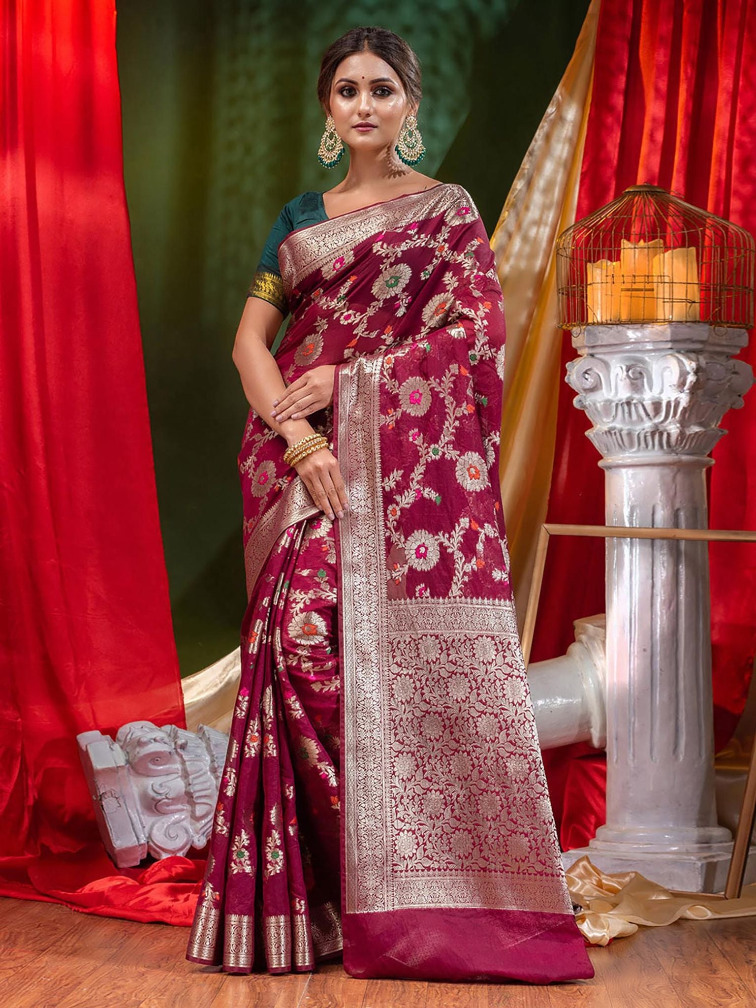 Georgette Banarasi Saree All Over Jaal With Meenakari Magentta - THE WEAVER