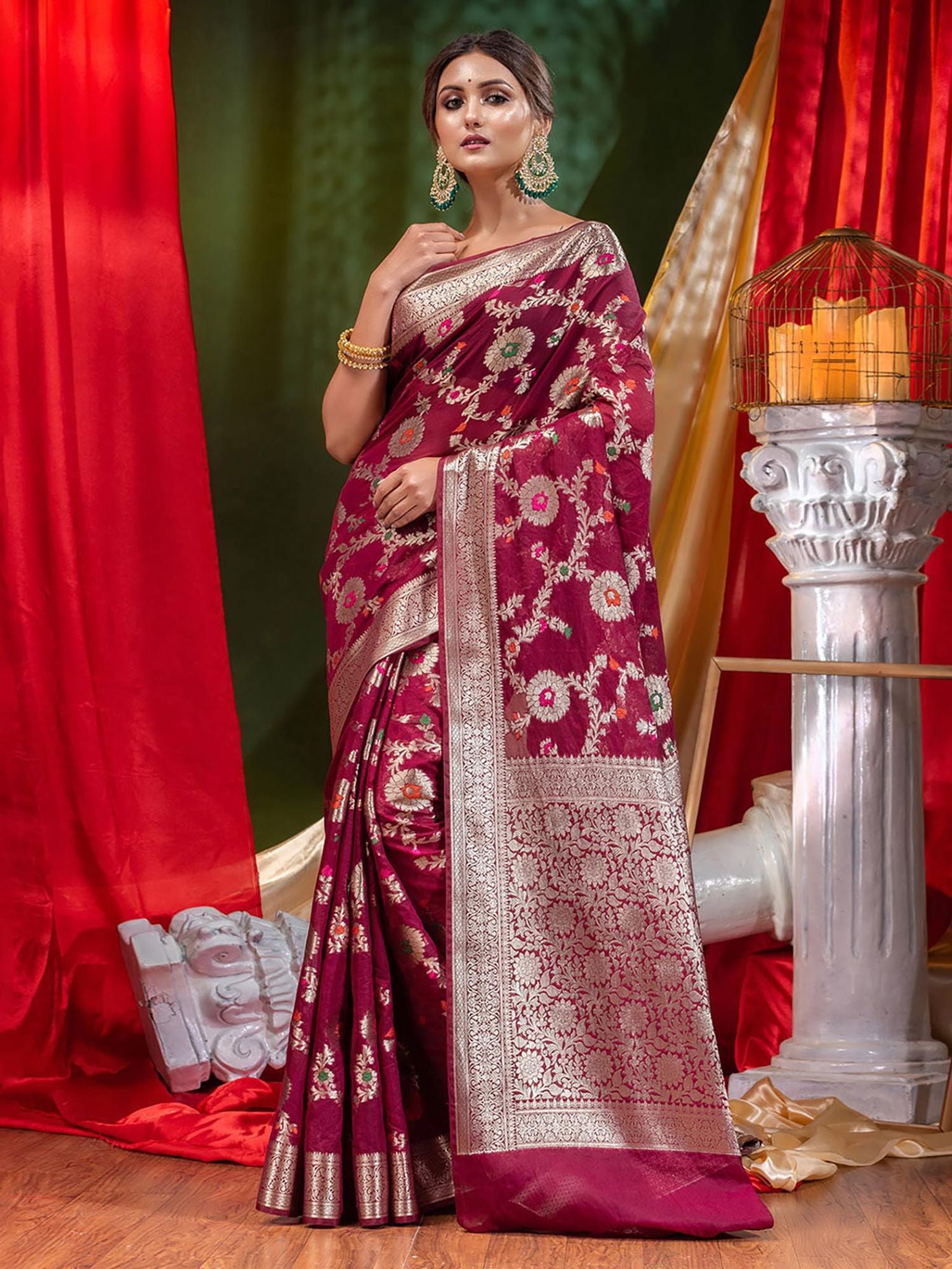 Georgette Banarasi Saree All Over Jaal With Meenakari Magentta - THE WEAVER