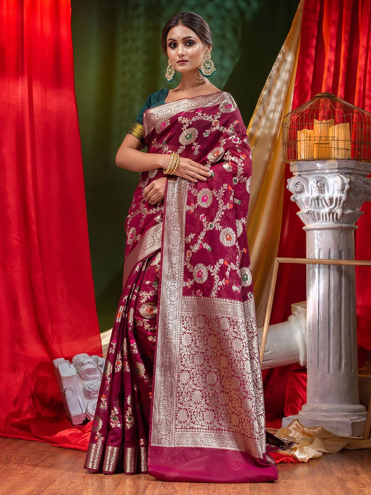 Georgette Banarasi Saree All Over Jaal With Meenakari Magentta - THE WEAVER