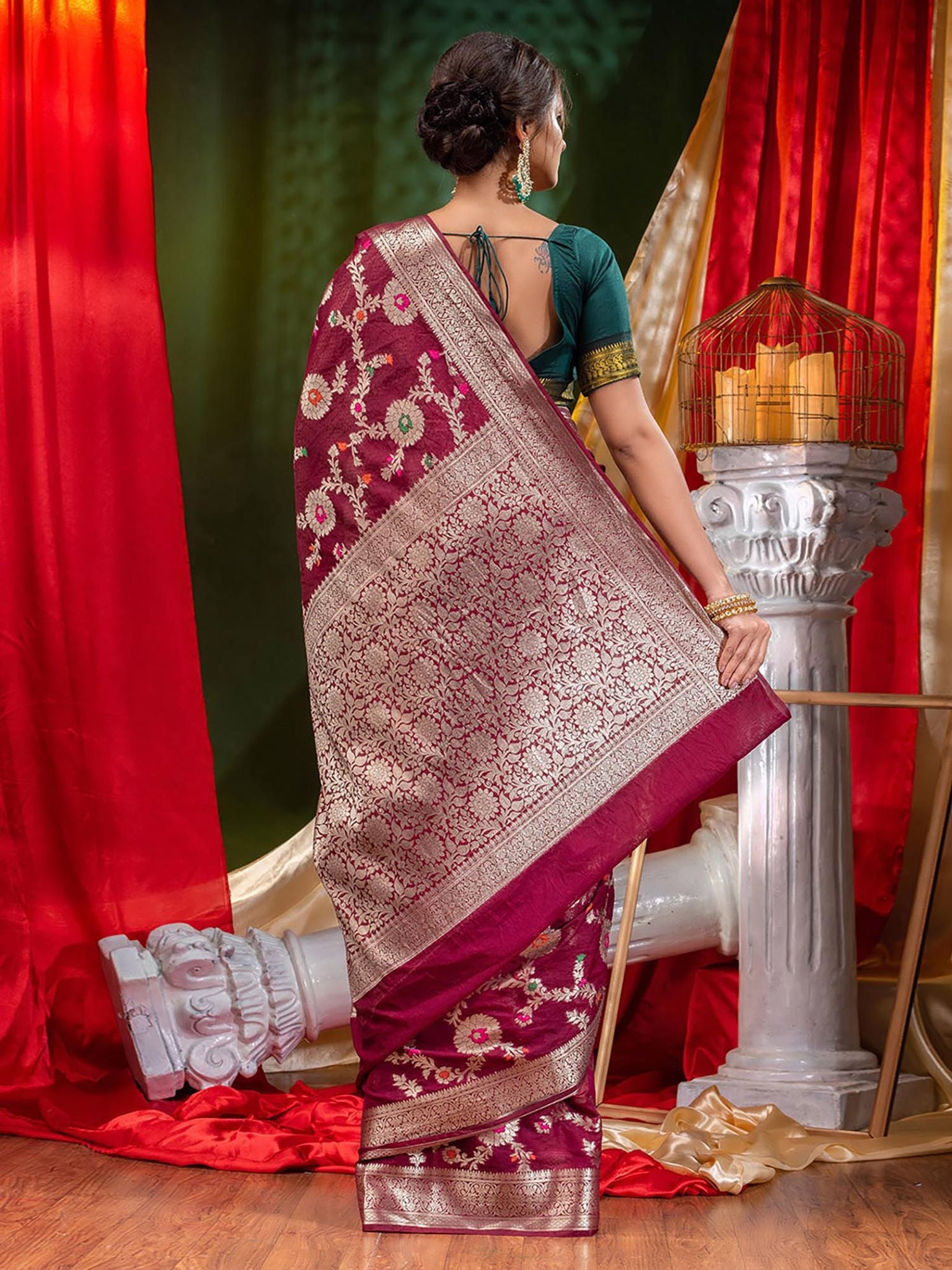 Georgette Banarasi Saree All Over Jaal With Meenakari Magentta - THE WEAVER