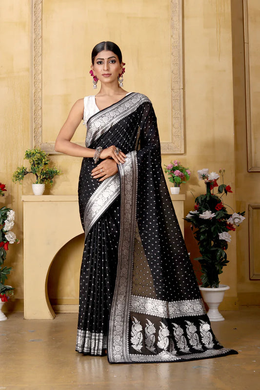 Banarasee Handwoven Faux Georgette Saree With Silver Zari Polka Buti Design-Black - The Weaver Banaras