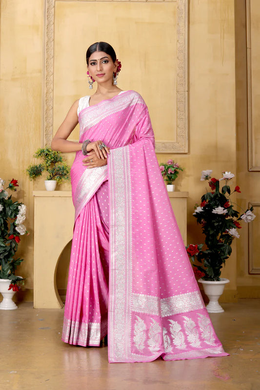 Banarasee Handwoven Faux Georgette Saree With Silver Zari Polka Buti Design-Pink - The Weaver Banaras
