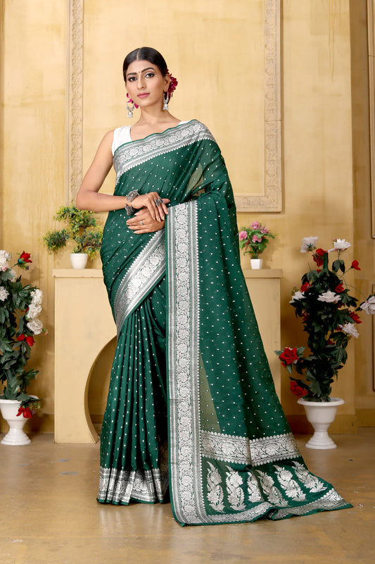 Banarasee Handwoven Faux Georgette Saree With Silver Zari Polka Buti Design-Bottle Green - The Weaver Banaras