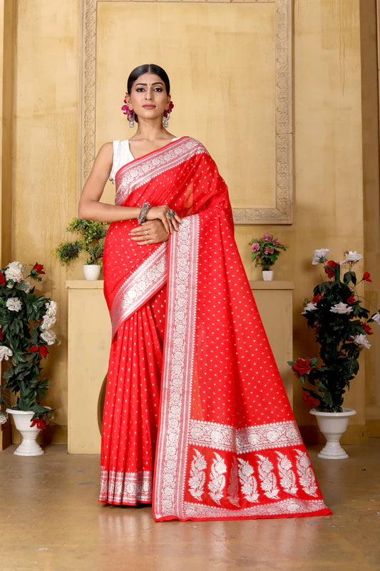 Banarasee Handwoven Faux Georgette Saree With Silver Zari Polka Buti Design-Red - The Weaver Banaras