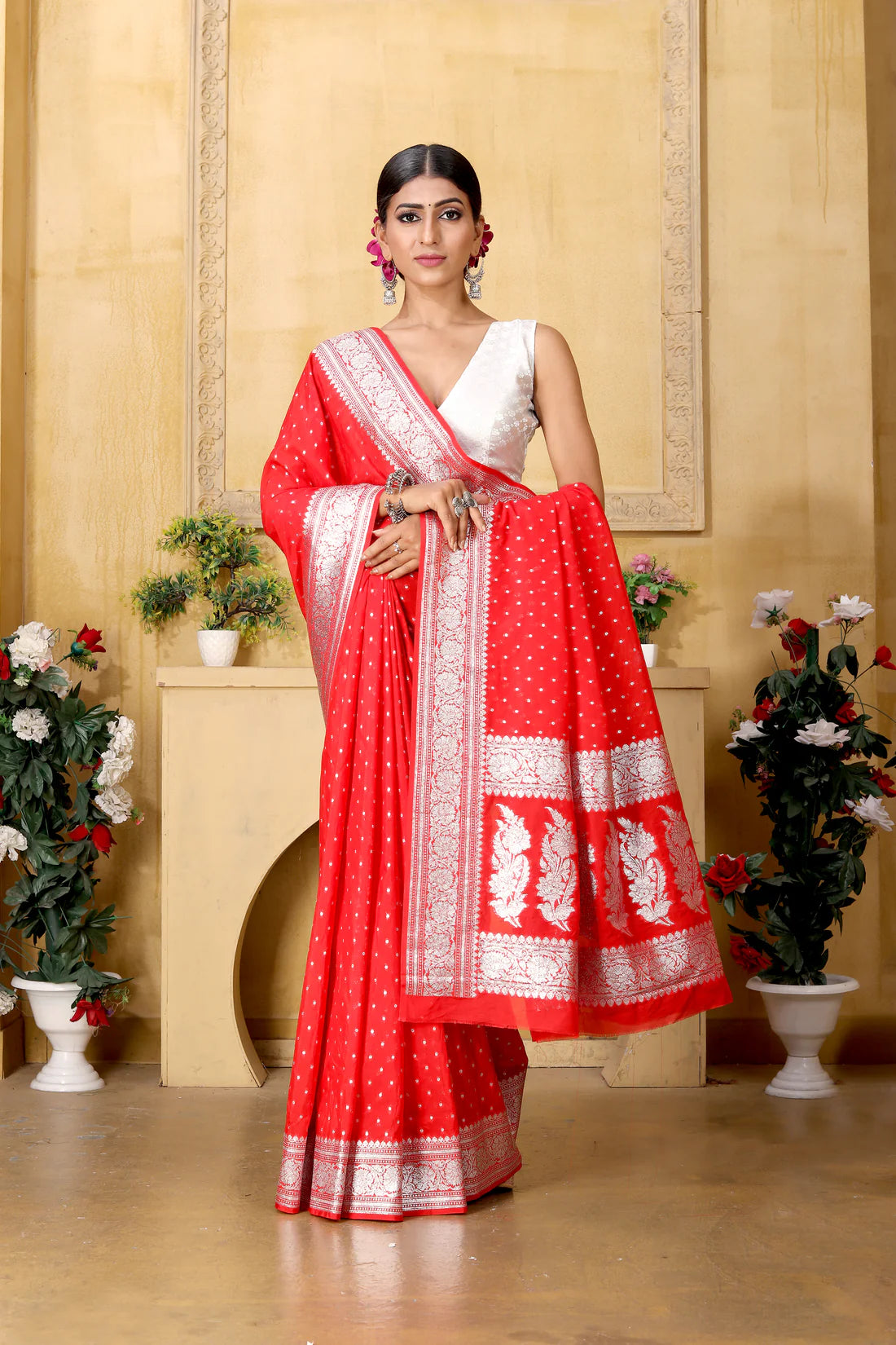 Banarasee Handwoven Faux Georgette Saree With Silver Zari Polka Buti Design-Red - The Weaver Banaras