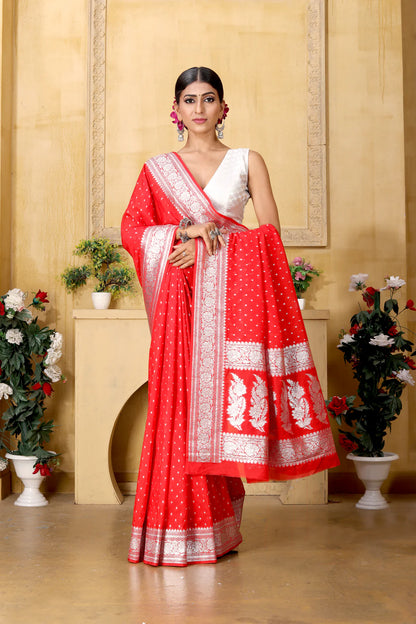 Banarasee Handwoven Faux Georgette Saree With Silver Zari Polka Buti Design-Red - The Weaver Banaras