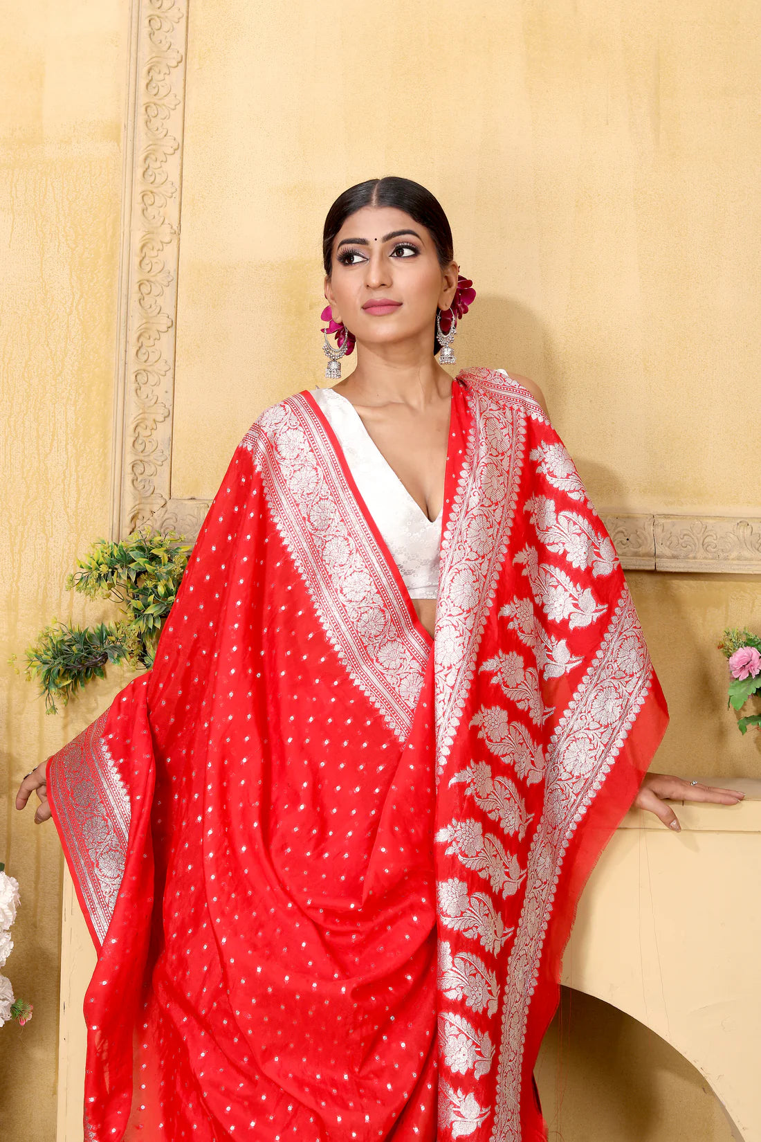 Banarasee Handwoven Faux Georgette Saree With Silver Zari Polka Buti Design-Red - The Weaver Banaras