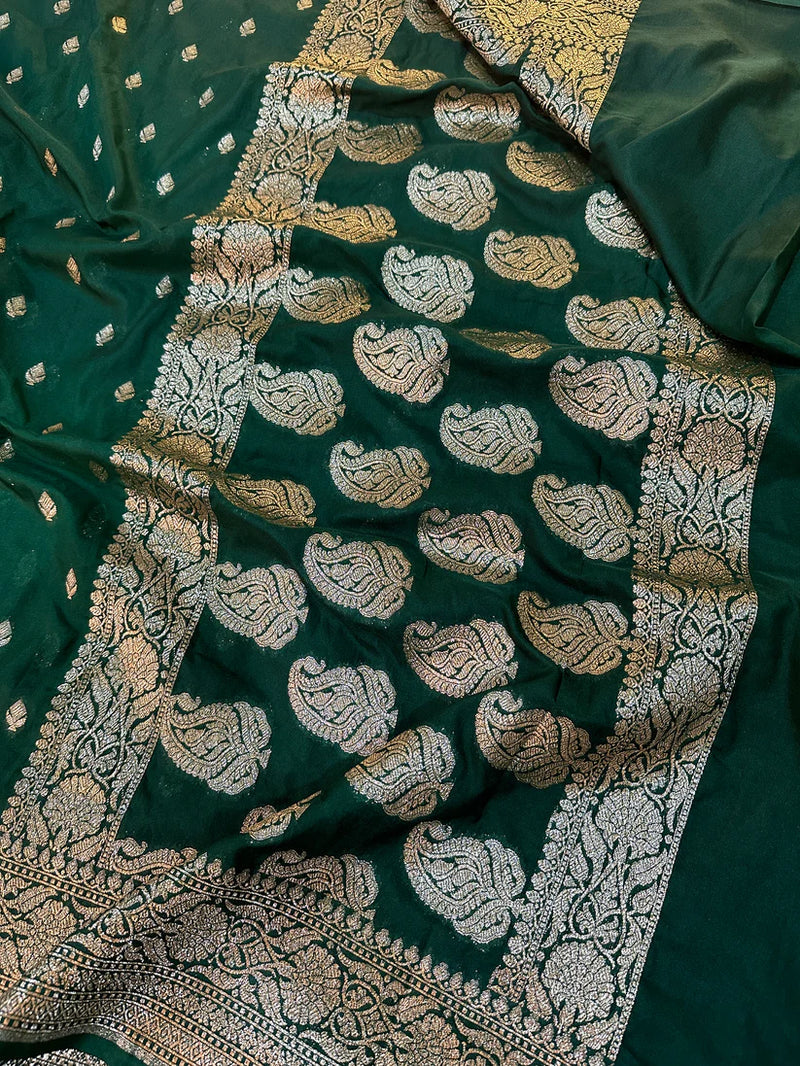 Katan Silk Handloom Banarasi Saree Bottle Green - THE WEAVER