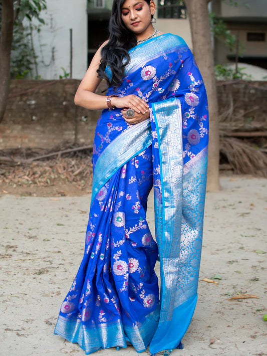 Georgette Banarasi Saree All Over Jaal With Meenakari Broder Blue - The Weaver Banaras