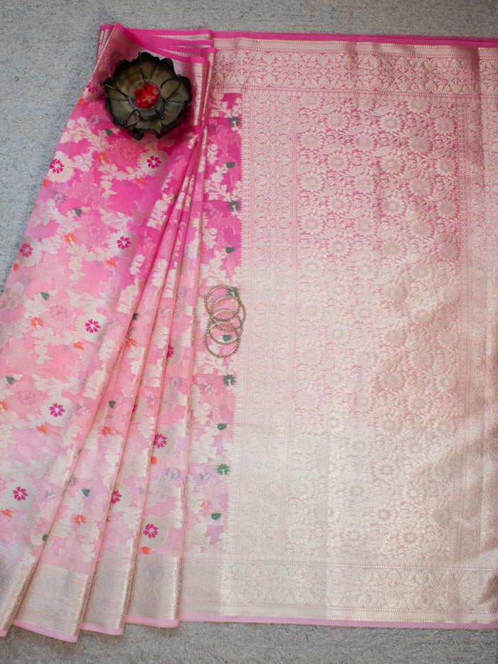 Georgette Banarasi Saree All Over Jaal With Meenakari Shaded Pink - THE WEAVER