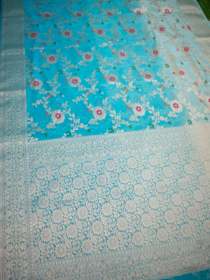 Georgette Banarasi Saree All Over Jaal With Meenakari Shaded Blue - THE WEAVER