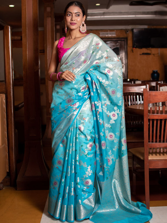 Georgette Banarasi Saree All Over Jaal With Meenakari Shaded Blue - THE WEAVER