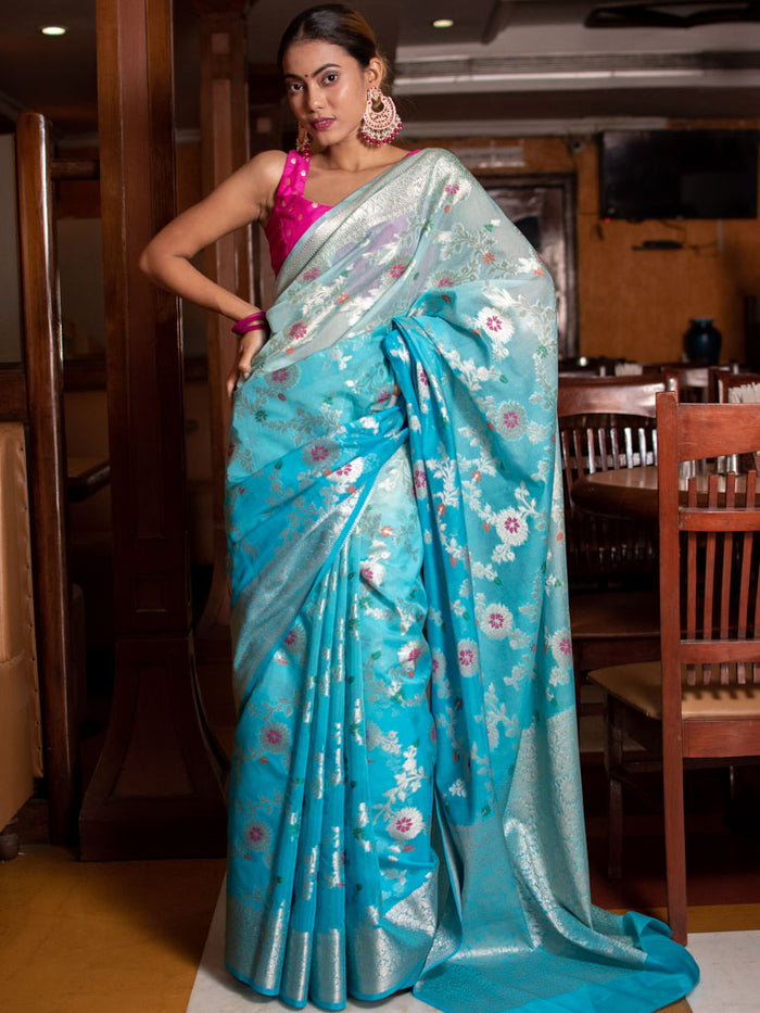 Georgette Banarasi Saree All Over Jaal With Meenakari Shaded Blue - THE WEAVER