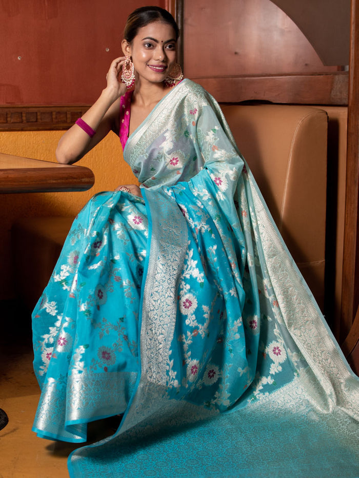 Georgette Banarasi Saree All Over Jaal With Meenakari Shaded Blue - THE WEAVER