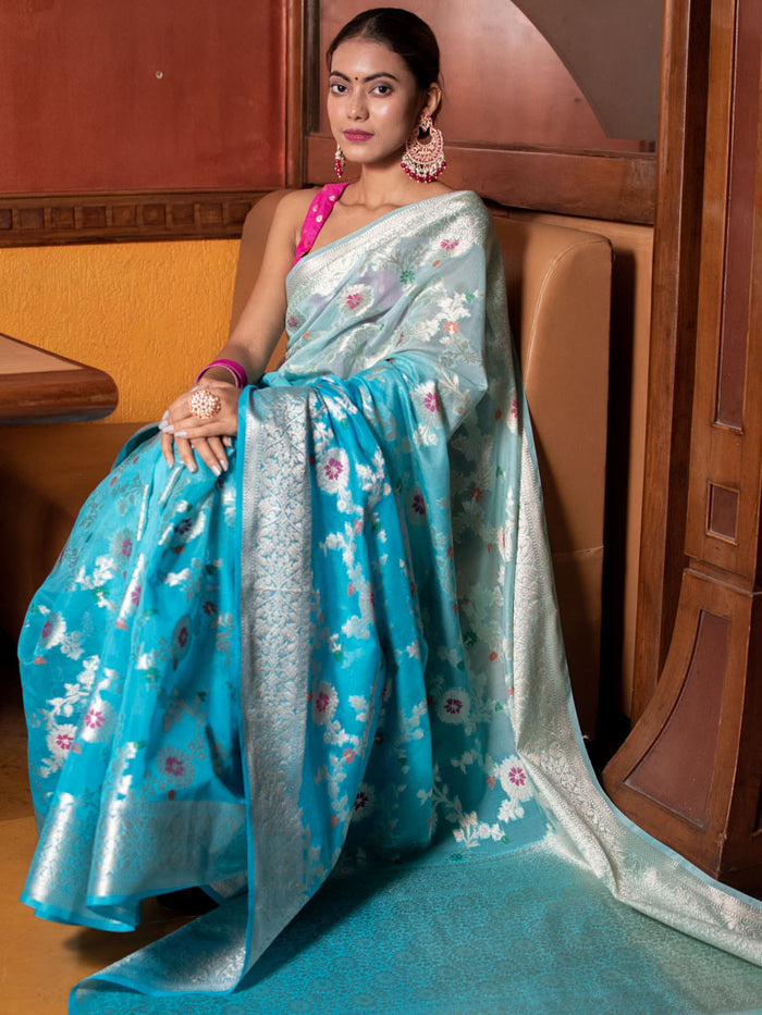 Georgette Banarasi Saree All Over Jaal With Meenakari Shaded Blue - THE WEAVER