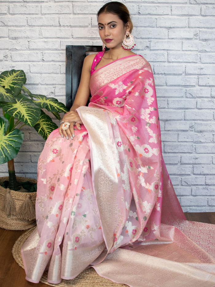 Georgette Banarasi Saree All Over Jaal With Meenakari Shaded Pink - THE WEAVER