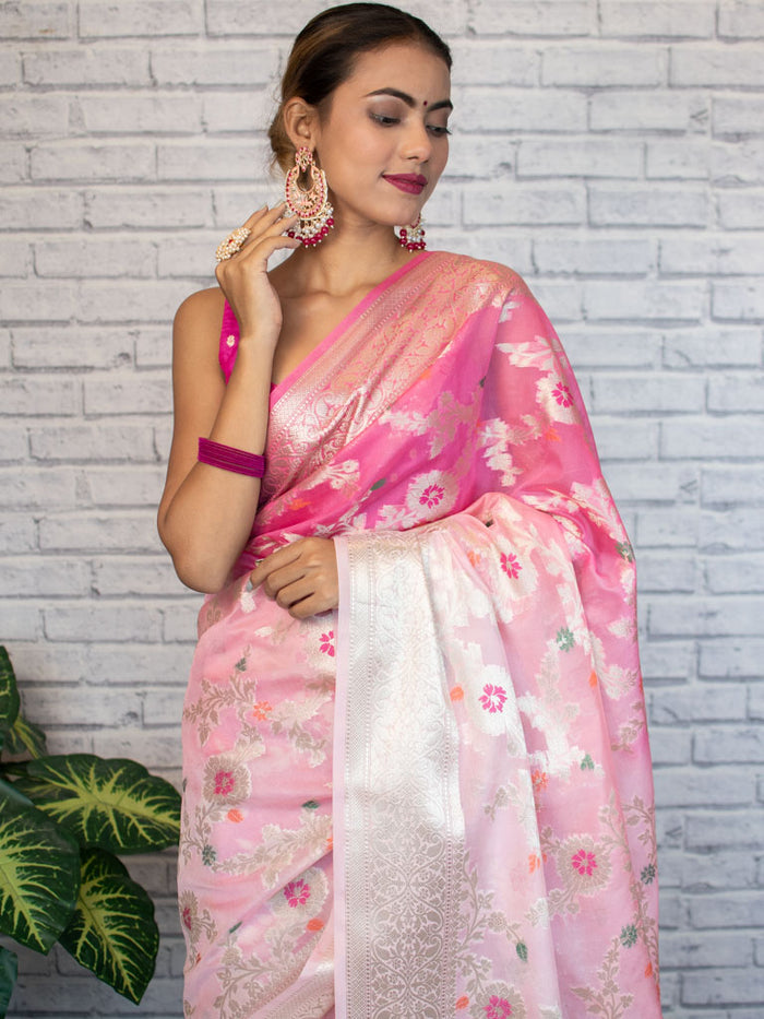 Georgette Banarasi Saree All Over Jaal With Meenakari Shaded Pink - THE WEAVER