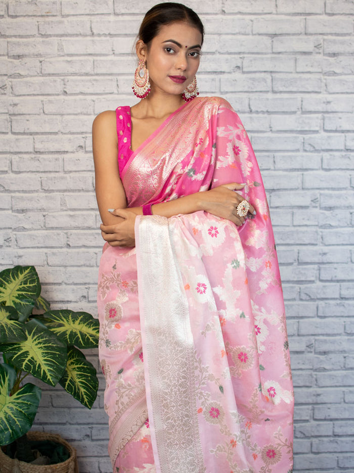 Georgette Banarasi Saree All Over Jaal With Meenakari Shaded Pink - THE WEAVER